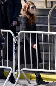 Julianne Moore attends Hoffman's funeral