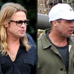 Brad Pitt has chopped his long hair for his role in the WWII era film, 'Fury.' Too bad the baseball cap hides most of his head...