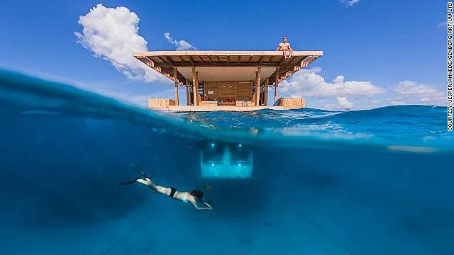 Make sleeping with the fishes a good thing in this underwater hotel room! Just off the coast of Tanzania, The Manta Resort on Pemba Island