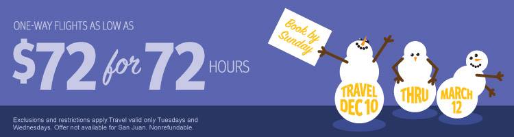 No blackouts! Southwest Airlines is having a $72 for 72 hours flight sale!