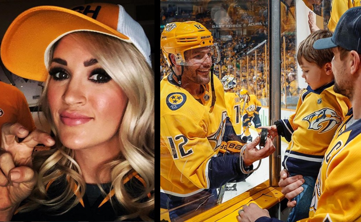 Carrie Underwood's Husband Mike Fisher and Son Isaiah Drop Puck at  Nashville Predators Game Sounds Like Nashville