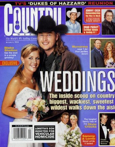 Wedding photo of former husband and wife: Blake Shelton and Kaynette Willams on magazine